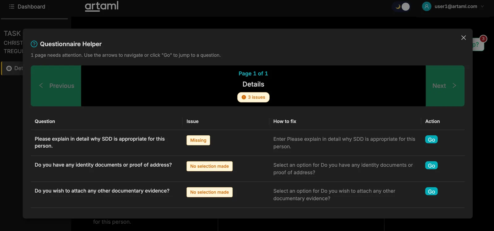 artAML dashboard in dark mode with a Questionnaire Helper listing due-diligence issues to fix