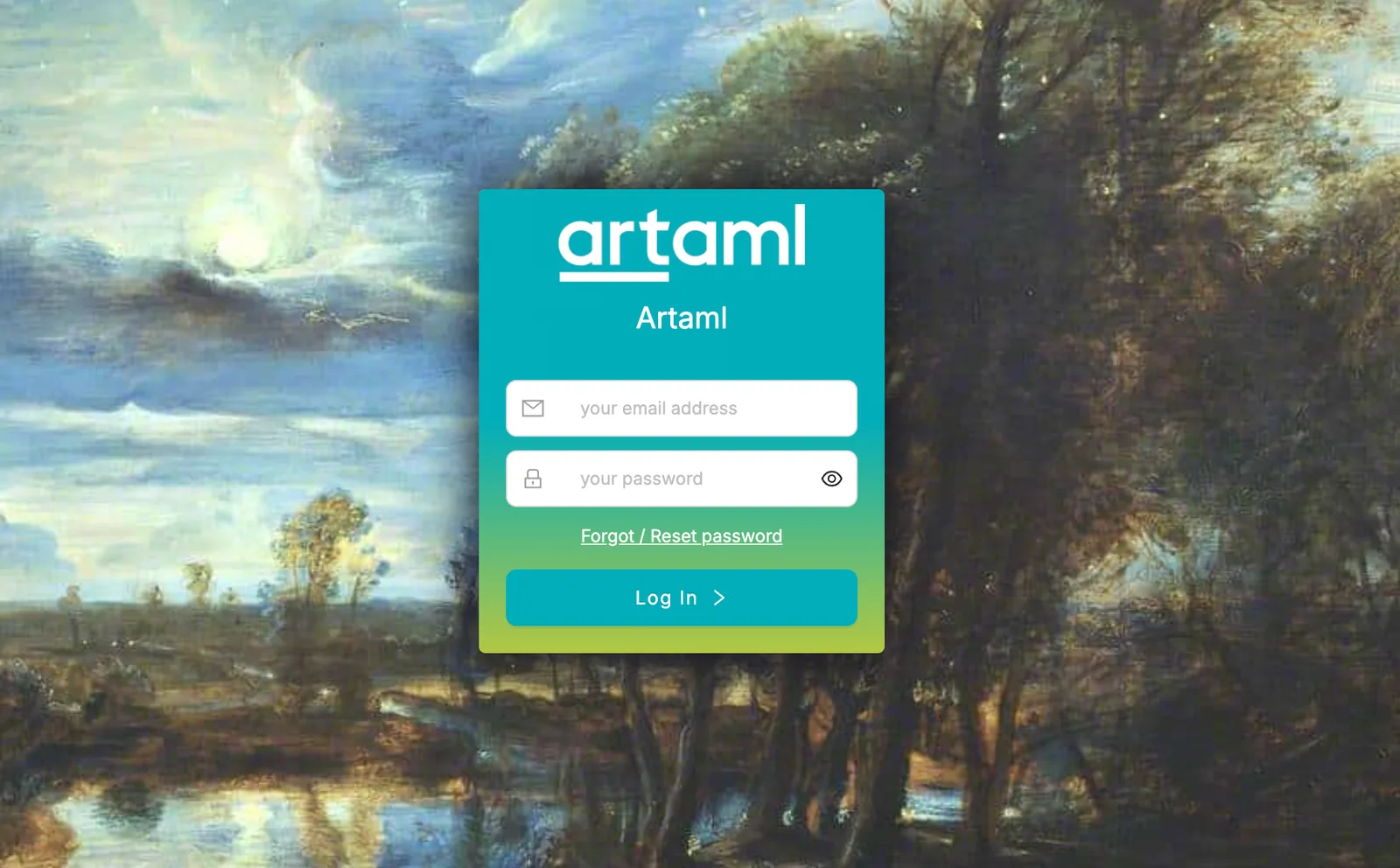 artAML white-label login screen, tenant-branded over a classical painting