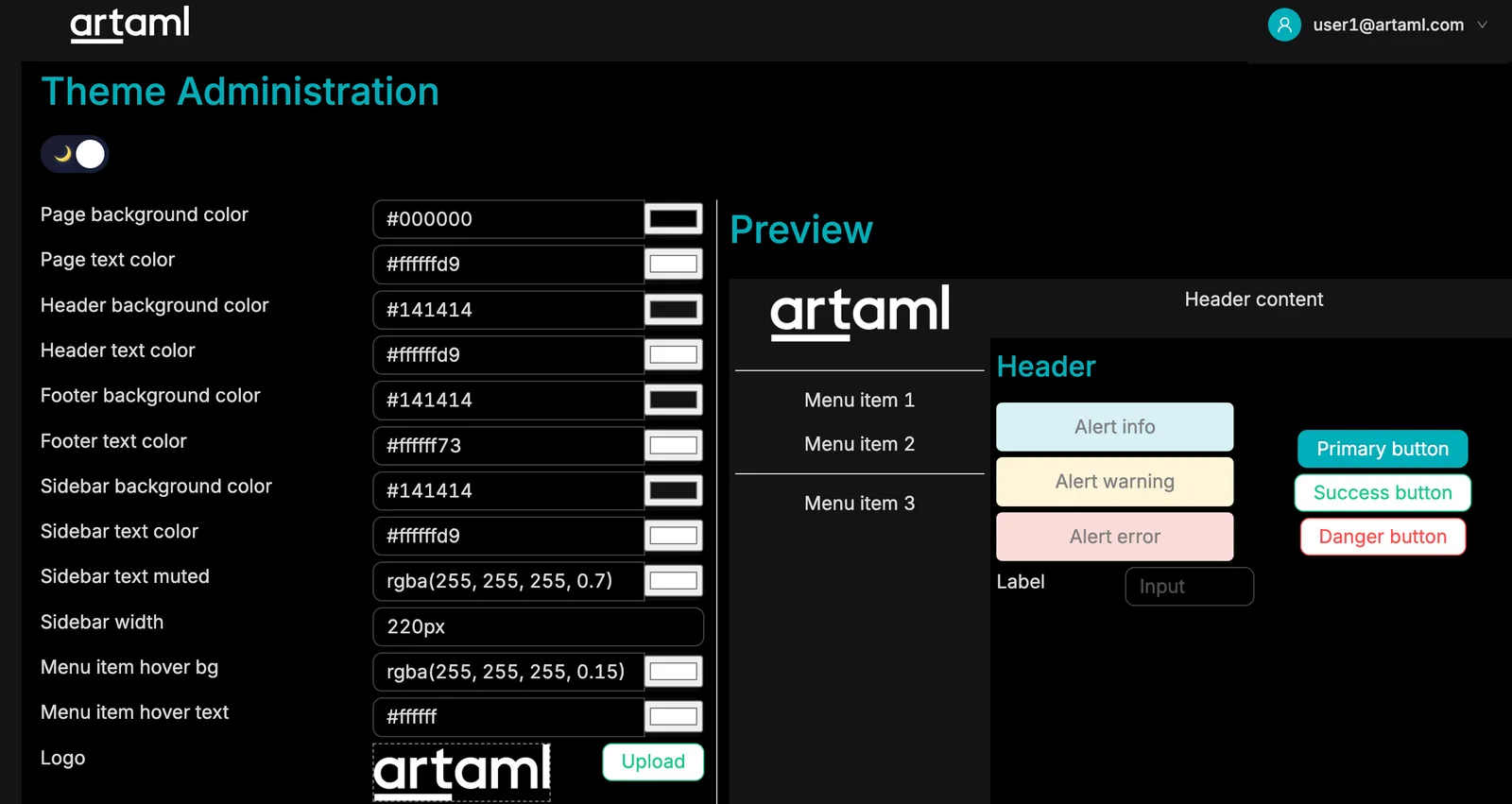 artAML theme administration: a token editor over page, header, footer and sidebar colours with a live component preview