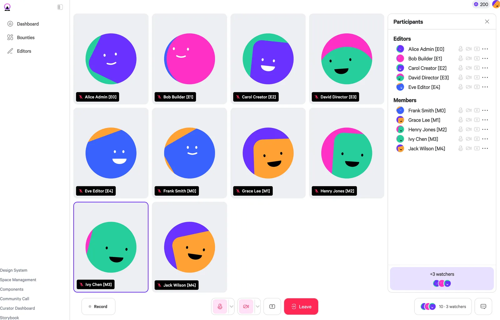 Curator live community call, colourful participant tiles for editors and members, with a participants panel and call controls