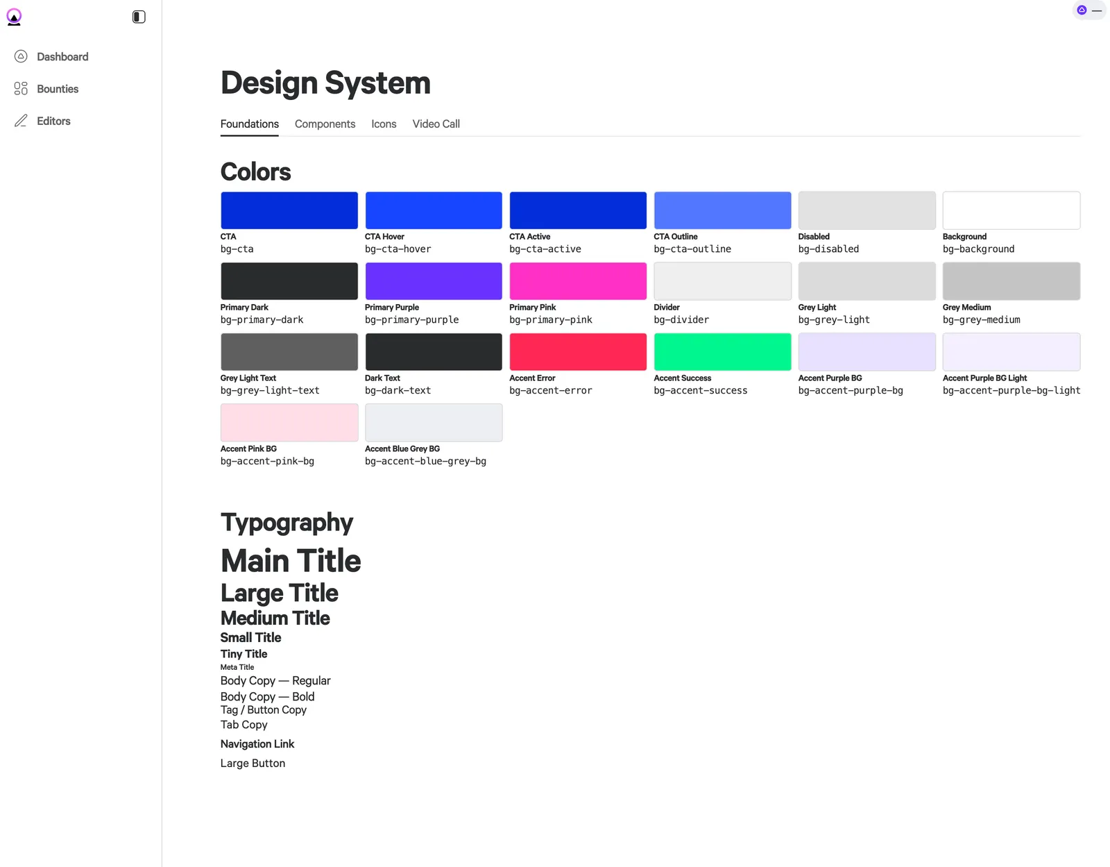 Curator design system, colour tokens (CTA, primaries, accents) and a full typography scale