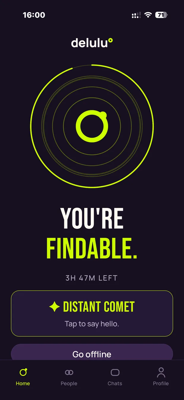 The DELULU home screen while Findable, showing a countdown and the nearest opportunity
