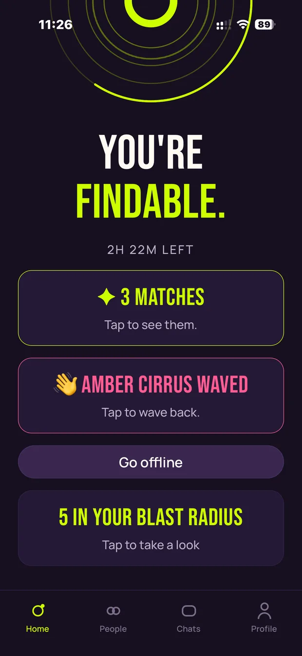 The DELULU home screen showing matches, a received wave and a blast-radius count