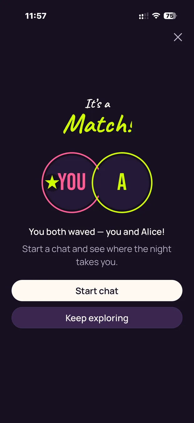 The DELULU match screen, shown after both people have waved