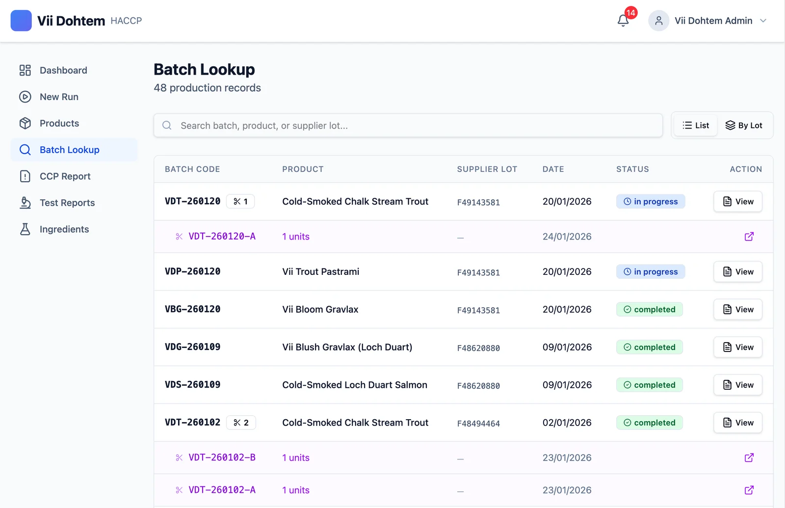 Batch lookup: 48 production records with batch codes, products, supplier lots, dates and status