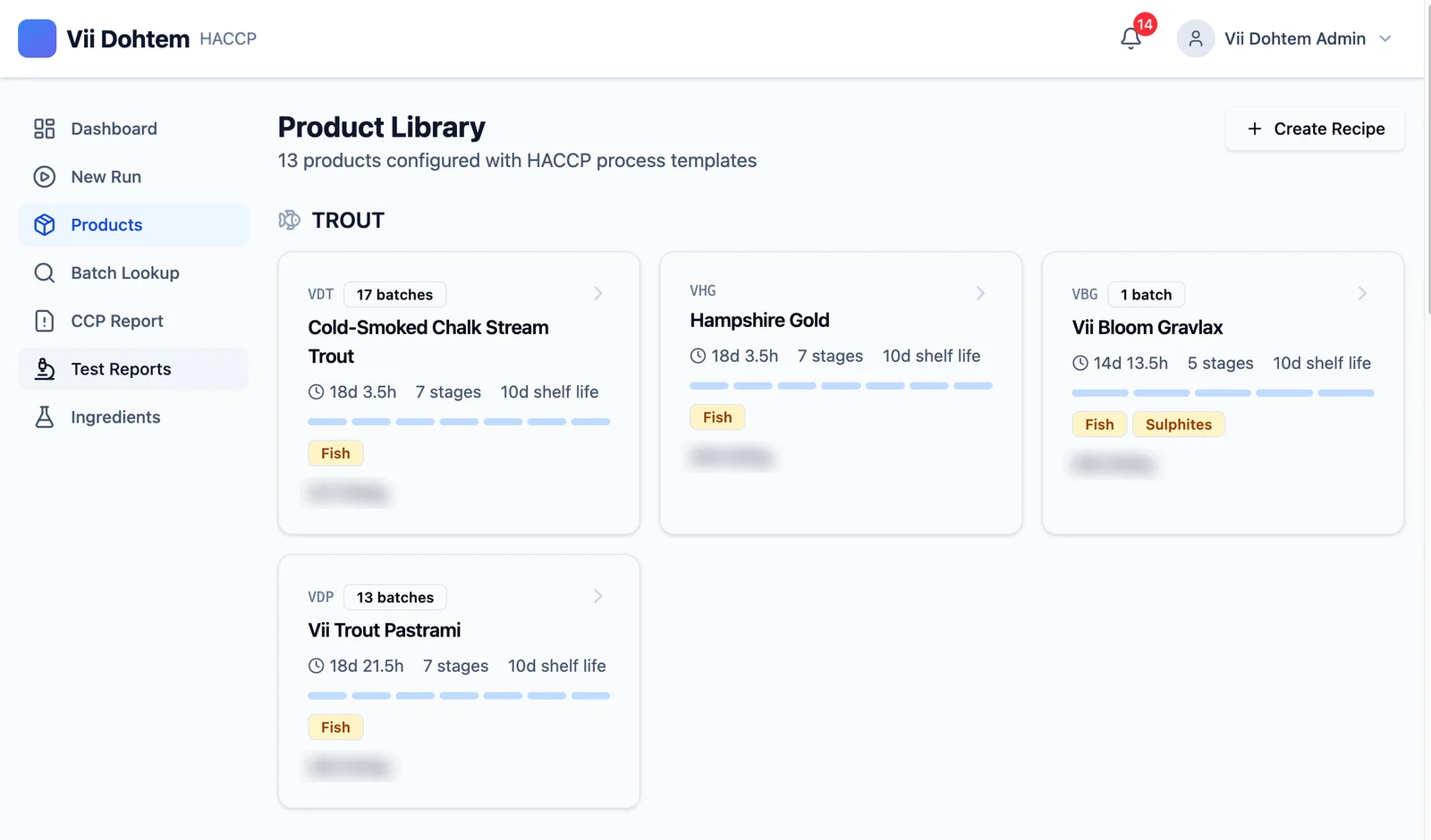 Product library: 13 products configured with HACCP process templates, each showing stages, duration and shelf life