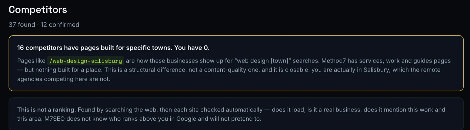 M7SEO competitors view, stating plainly that the list is not a ranking