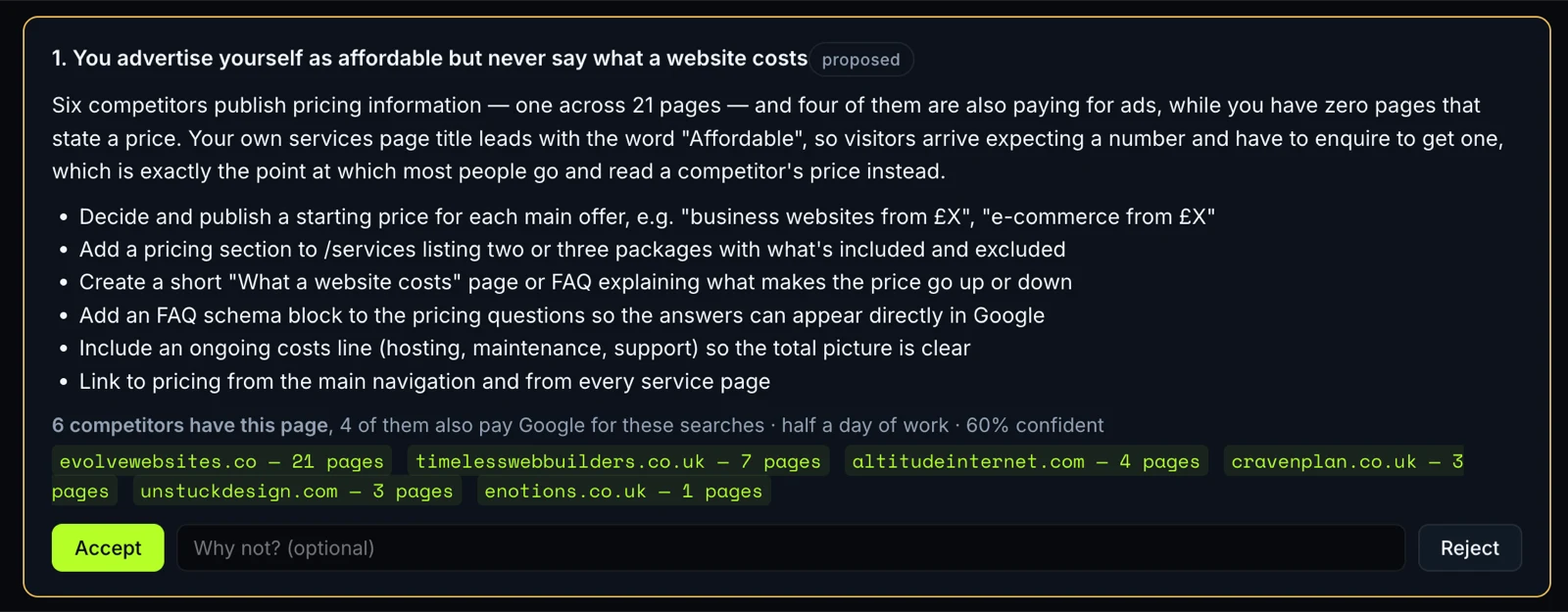 An M7SEO recommendation: what was found, on which competitors' sites, what to do about it, and accept or reject buttons